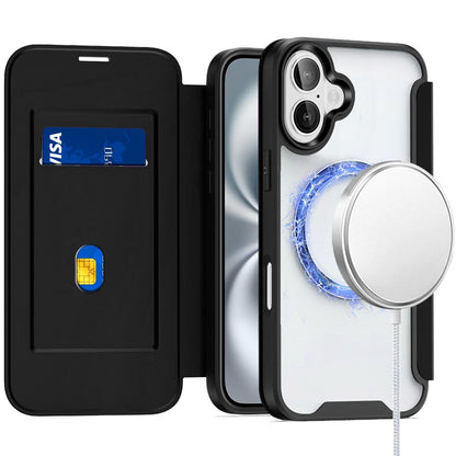 For Apple iPhone 16 Plus (6.7") Flap Wallet Case Credit Card Slot, Clear TPU Back Hard [Magnetic Circle] Compatible with Magsafe Case Cover Black