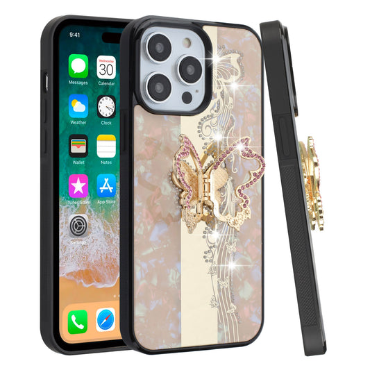 For Apple iPhone 16 Pro Max (6.9") Diamond Bling Sparkly 3D Back Ornaments Engraving Hybrid with Stand Fashion Case Cover Enchanted Butterfly Gold