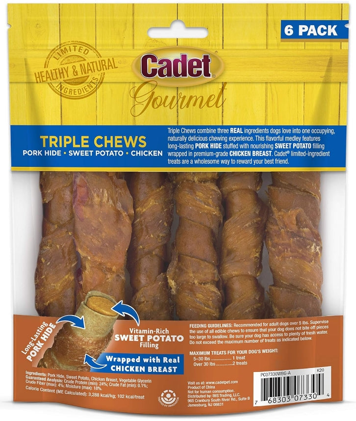 Cadet Gourmet Pork Hide Triple Chews with Chicken and Sweet Potato [Dog Supplies] 6 count