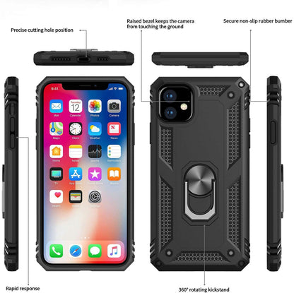 For Apple iPhone 16 Plus (6.7") Shockproof Hybrid Dual Layer PC + TPU with Ring Stand Metal Kickstand Heavy Duty Armor Case Cover