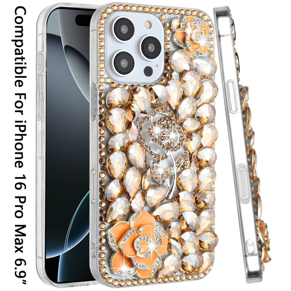 For Apple iPhone 16 Pro Max (6.9") Bling Crystal 3D Full Diamonds Luxury Sparkle Rhinestone Hybrid Protective Case Cover