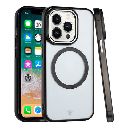 For Apple iPhone 16 Pro Max (6.9") Transparent Back Hybrid Circle Ring Magnetic Compatible with MagSafe Color Frame Metal Buttons Case Cover