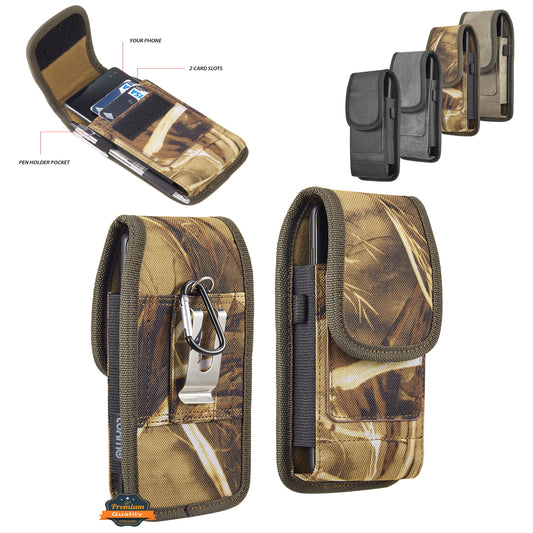 For Apple iPhone 16 Pro (6.3") Universal Pouch Case Vertical Phone Holster Camo Print with Card Slots, Pen Holder, Belt Clip Loop & Hook Cover [Camouflage]