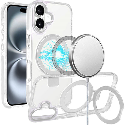 For Apple iPhone 16 (6.1") Hybrid Transparent Circle Back Ring Kickstand [Compatible with MagSafe] Shockproof Color Frame Bumper Case Cover