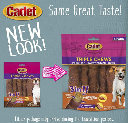 Cadet Gourmet Pork Hide Triple Chews with Duck and Sweet Potato [Dog Supplies] 6 count