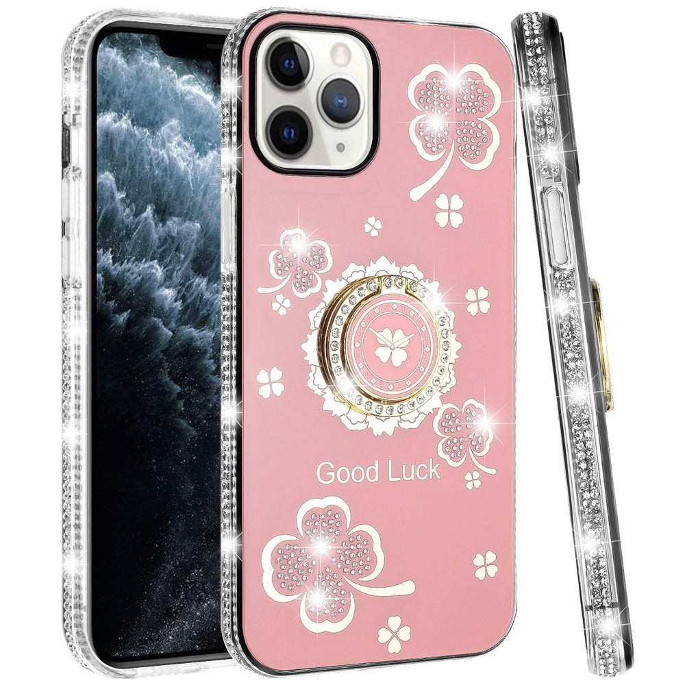 For Apple iPhone 11 Pro Max Diamonds Bling All Around Edges Sparkly Glitter Hybrid Ring Stand Holder Fashion Good Luck Case Cover