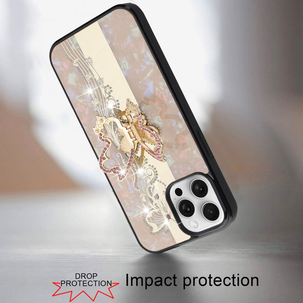 For Apple iPhone 12 Pro Max Diamond Bling Sparkly 3D Ornaments Engraving Hybrid with Ring Stand Fashion Case Cover Enchanted Butterfly Gold