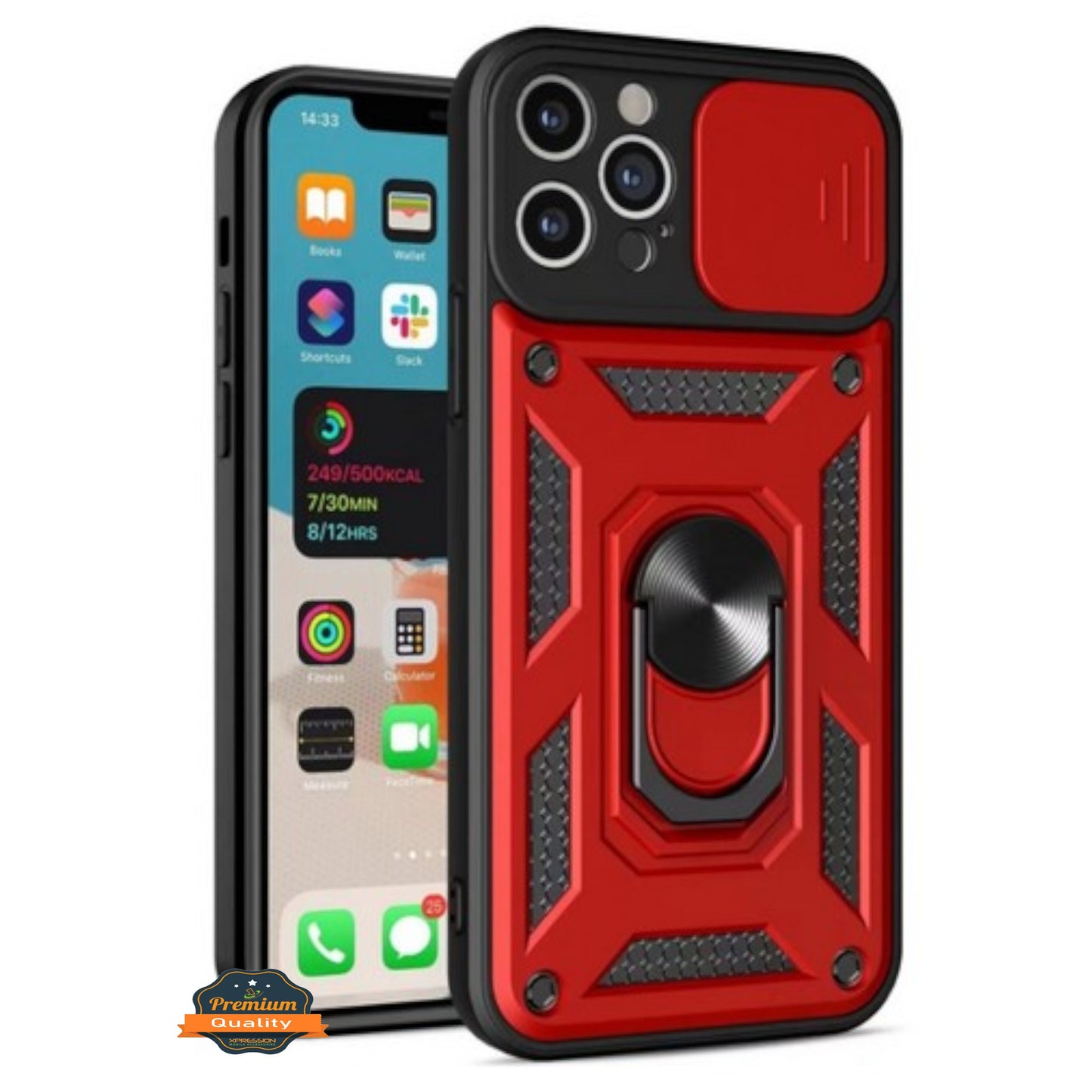 For Apple iPhone 15 (6.1") Built in Sliding Camera Lens Protection & Finger Ring Stand Holder Hybrid PC Shockproof  Phone Case Cover