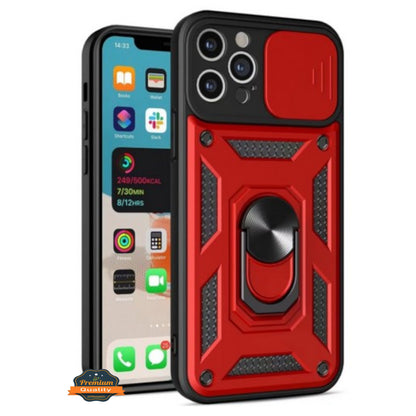 For Apple iPhone 15 (6.1") Built in Sliding Camera Lens Protection & Finger Ring Stand Holder Hybrid PC Shockproof  Phone Case Cover