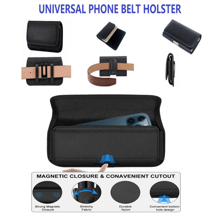 For Apple iPhone 16 Plus (6.7") Nylon Canvas Fabric Waist Belt Holster Horizontal Pouch Holds XL Phone Works with Thick Cases Universal Cover [Black]