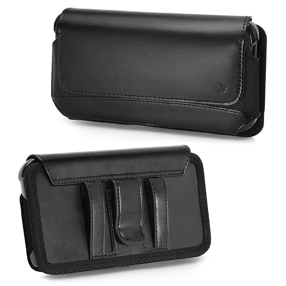 For Apple iPhone 16 (6.1") Universal Phone Holder Horizontal Leather Nylon [Magnetic Closure] with Belt Clip Holster Loops Carrying Pouch M [Black]