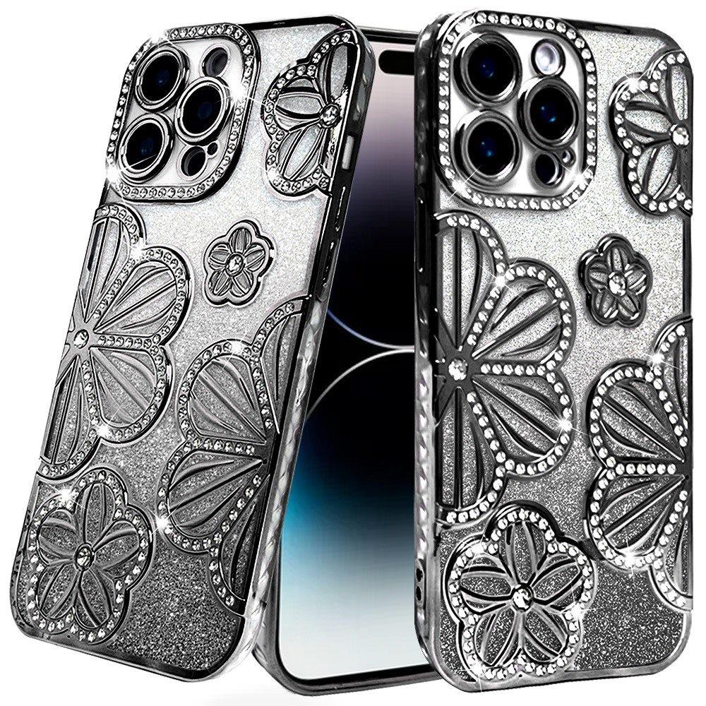 For Apple iPhone 11 Pro Max Luxury Floral Design Sparkle Glitter Diamond Crystal Rhinestone Shimmer Bling Plating Thick TPU Hard PC Case Cover