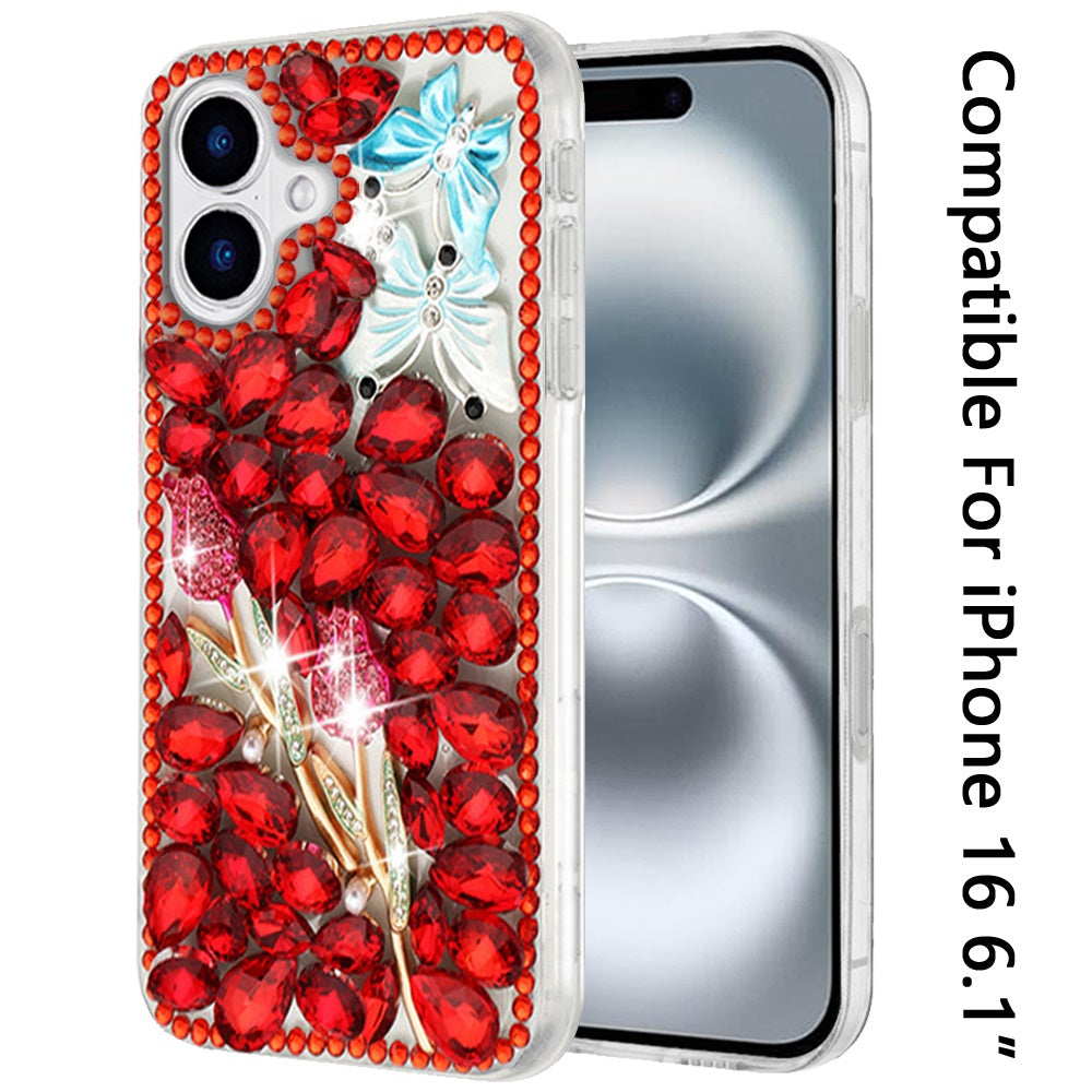 For Apple iPhone 16 (6.1") Bling Crystal 3D Full Diamonds Luxury Sparkle Rhinestone Hybrid Protective Case Cover