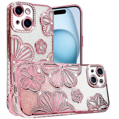 For Apple iPhone 11 (6.1") Luxury Floral Design Sparkle Glitter Diamond Crystal Rhinestone Shimmer Bling Plating Thick TPU Hard PC Case Cover