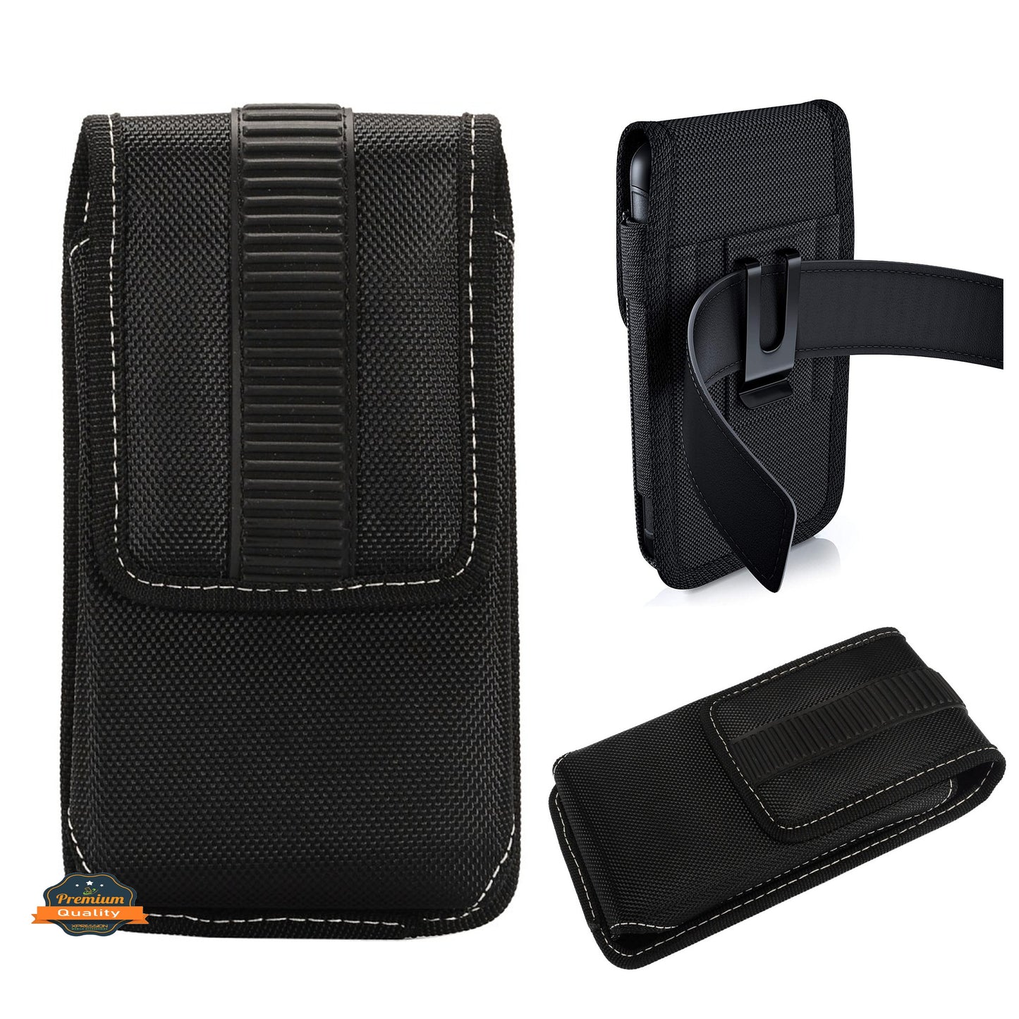 For Apple iPhone 16 Pro Max (6.9") Rugged Canvas Cellphone Belt Clip Cover Holster Pouch Holder with Belt Loops Universal Vertical Carrying Case [Black]