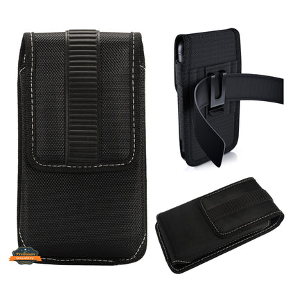 For Apple iPhone 16 Pro Max (6.9") Rugged Canvas Cellphone Belt Clip Cover Holster Pouch Holder with Belt Loops Universal Vertical Carrying Case [Black]