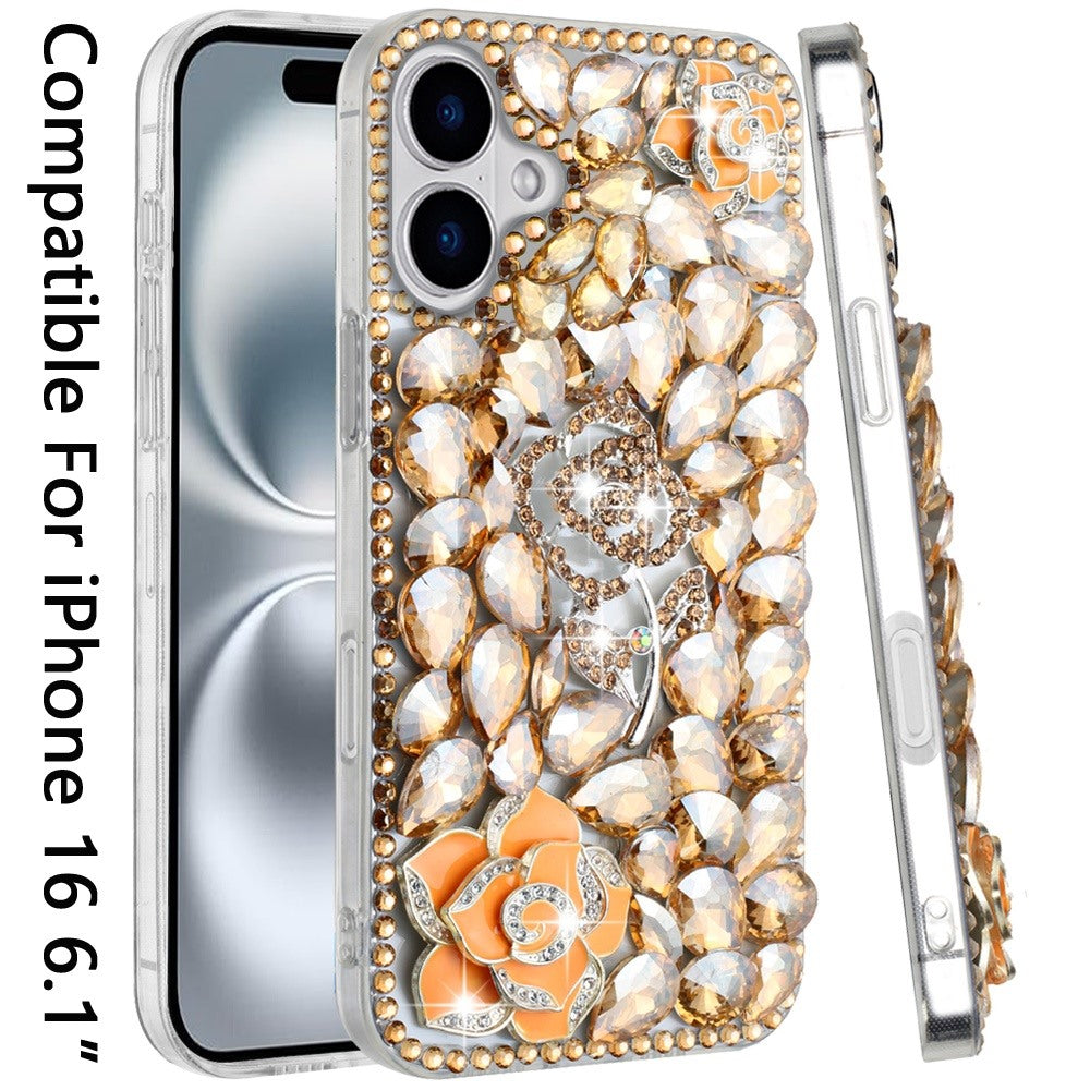 For Apple iPhone 16 (6.1") Bling Crystal 3D Full Diamonds Luxury Sparkle Rhinestone Hybrid Protective Case Cover