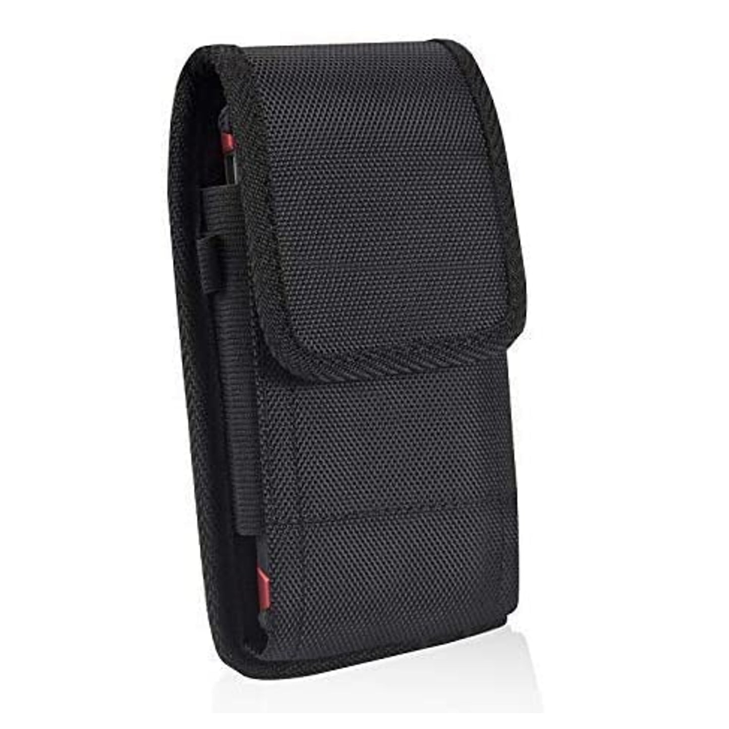 For Apple iPhone 16 Plus (6.7") Nylon Canvas Fabric Waist Belt Holster Vertical Pouch Holds XL Phone Works with Thick Cases Universal Cover [Black]