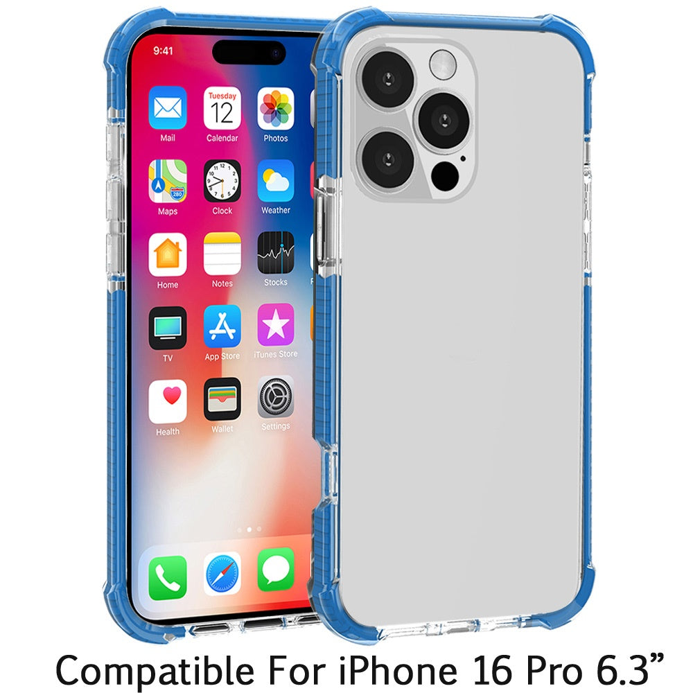 Apple iPhone 16 Pro (6.3") Hybrid Transparent Acrylic Rubber Gummy Gel Hard PC Silicone TPU Color Bumper Frame