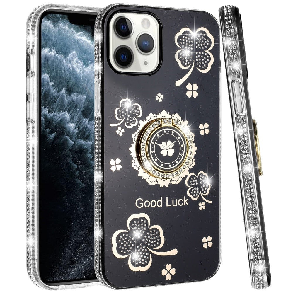 For Apple iPhone 11 Pro Max Diamonds Bling All Around Edges Sparkly Glitter Hybrid Ring Stand Holder Fashion Good Luck Case Cover