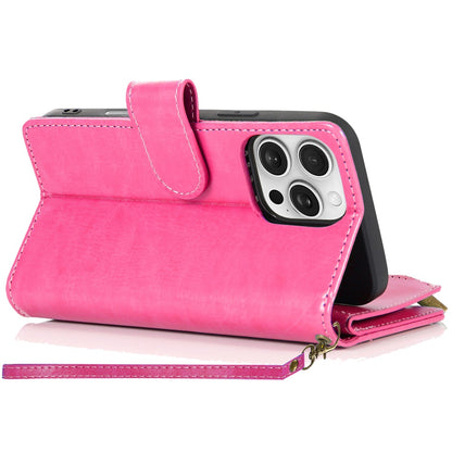 For Apple iPhone 16 (6.1") Leather Zipper Wallet Case 9 Credit Card Slots Cash Money Pocket Clutch Pouch Stand & Strap Case Cover Hot Pink