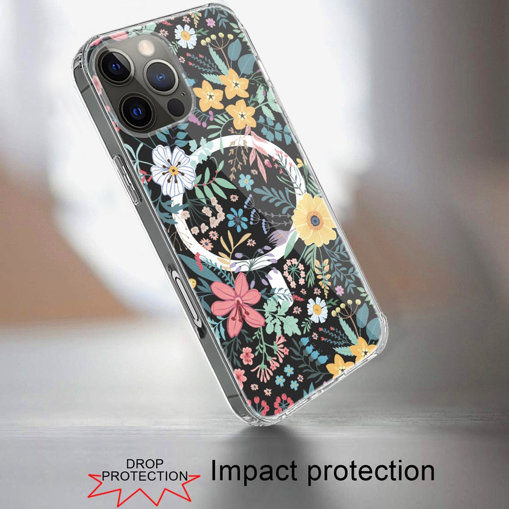 For Apple iPhone 16 Pro Max (6.9") Hybrid Flower Design Stylish Fashion Thick Hard MagSafe Compatible Shockproof Case Cover