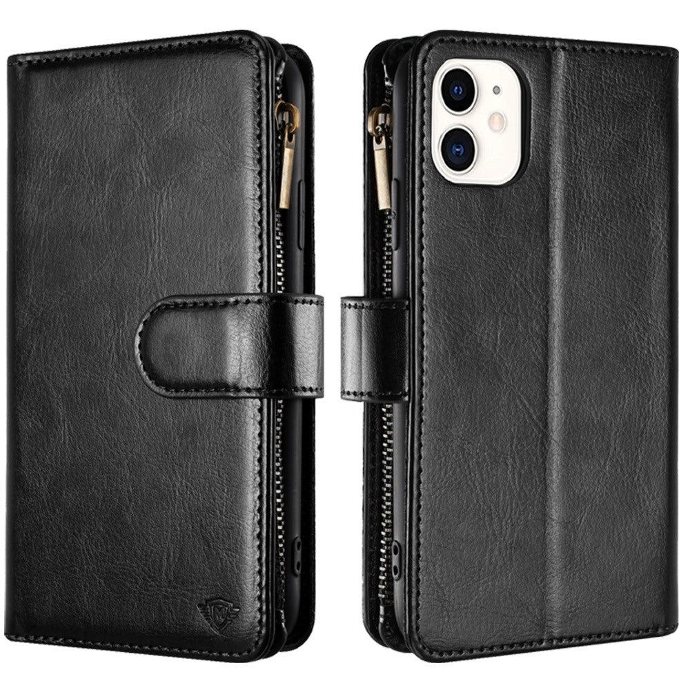 For Apple iPhone 16 (6.1") Premium Leather Zipper Wallet with Credit Card Slots Money Pocket Luxury Clutch Pouch Stand & Strap Case Cover Black