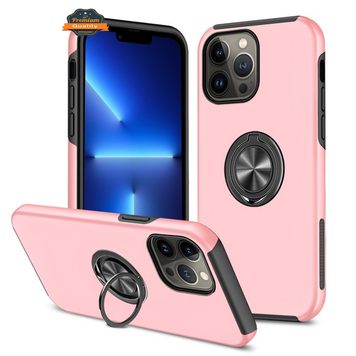 For Apple iPhone 15 Pro Max (6.7") Hybrid Military Grade with Flat Metal Ring Stand 360° Rotation Kickstand Hard Slim  Phone Case Cover