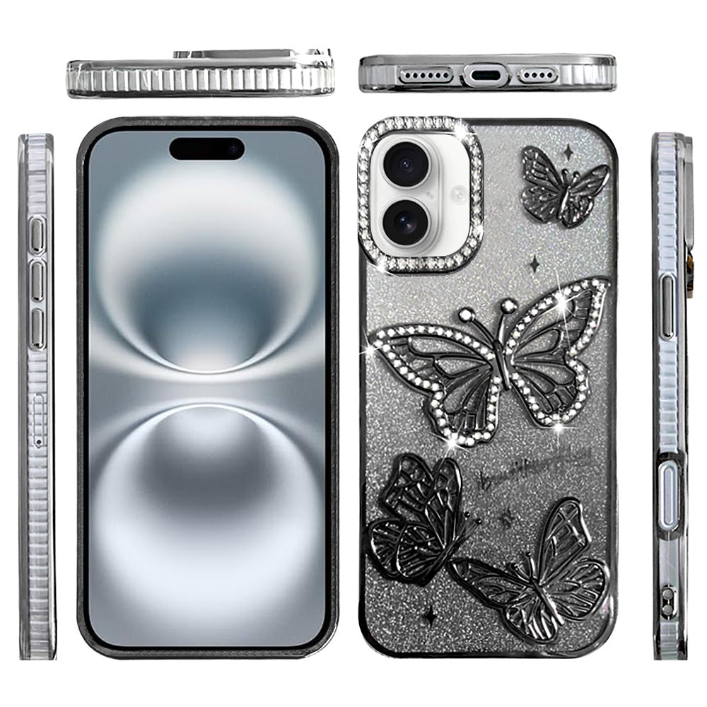 For Apple iPhone 12, Apple iPhone 12 Pro Luxury Butterfly Sparkle Glitter Diamond Crystal Rhinestone Shimmer Bling Plating Thick TPU Hard PC Case Cover