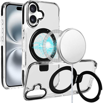 For Apple iPhone 16 (6.1") Hybrid Transparent Circle Back Ring Kickstand [Compatible with MagSafe] Shockproof Color Frame Bumper Case Cover