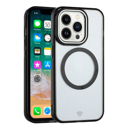 For Apple iPhone 16 Pro Max (6.9") Transparent Back Hybrid Circle Ring Magnetic Compatible with MagSafe Color Frame Metal Buttons Case Cover