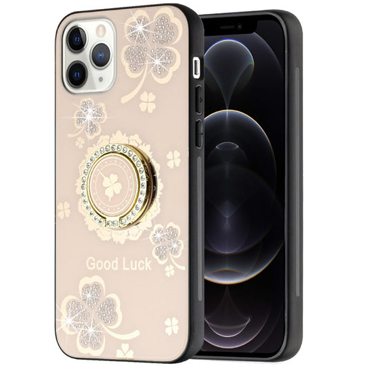 For Apple iPhone 12 Pro Max Diamonds 3D Bling Sparkly Glitter Ornaments Engraving Hybrid Metal Fashion Case Cover Gold Good Luck Floral