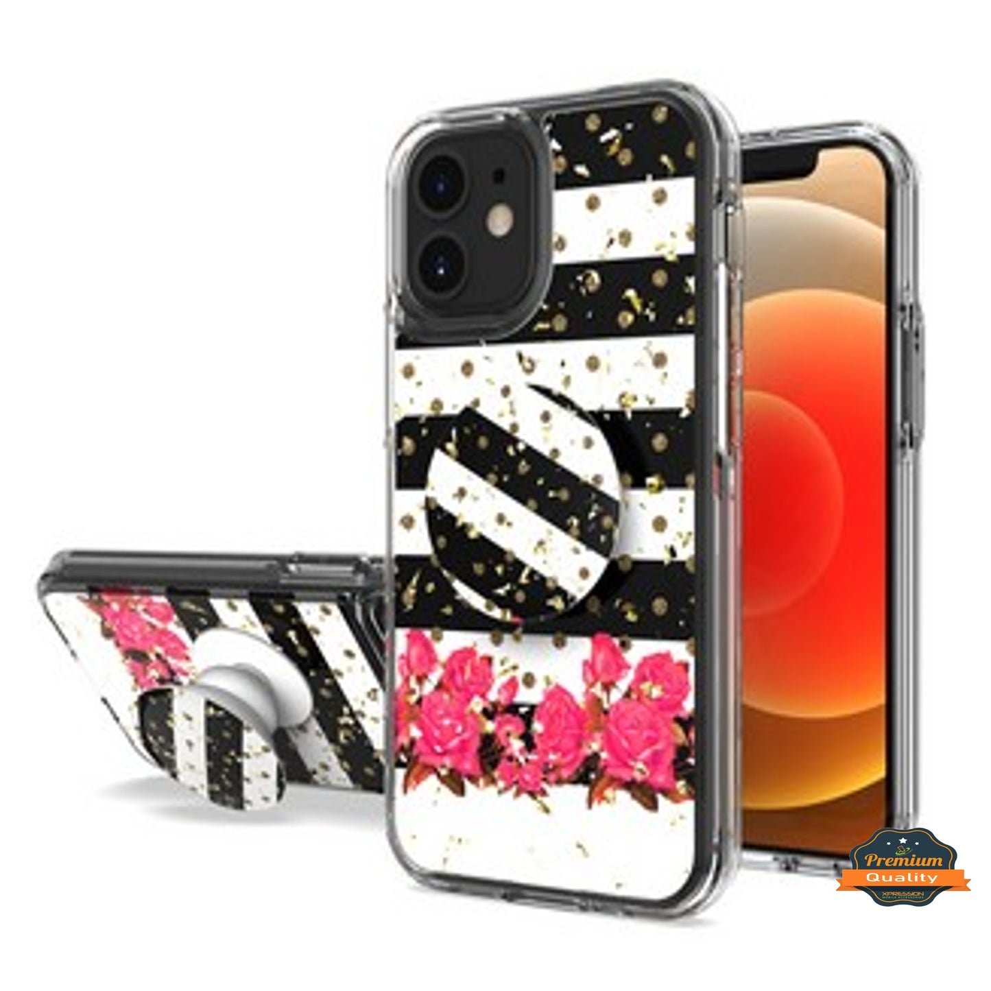 For Apple iPhone 15 Plus (6.7") Elegant Pattern Design Bling Glitter Hybrid Ring Stand Pop Up Finger Holder Kickstand  Phone Case Cover