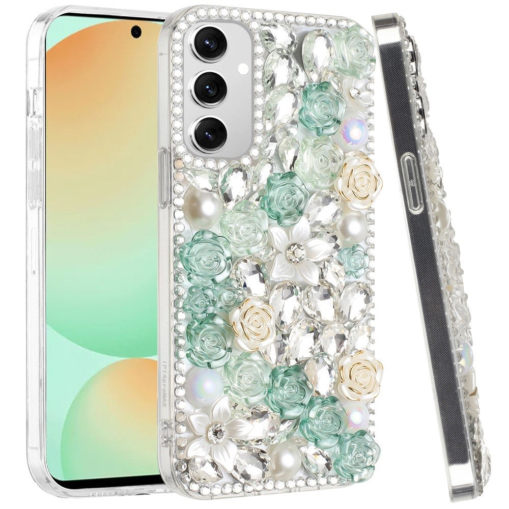 For Samsung Galaxy S24 FE /Fan Edition Fashion Rose Flower Floral Bling Crystal 3D Full Diamonds Pearl Sparkle Rhinestone Glitter Hybrid Case Cover