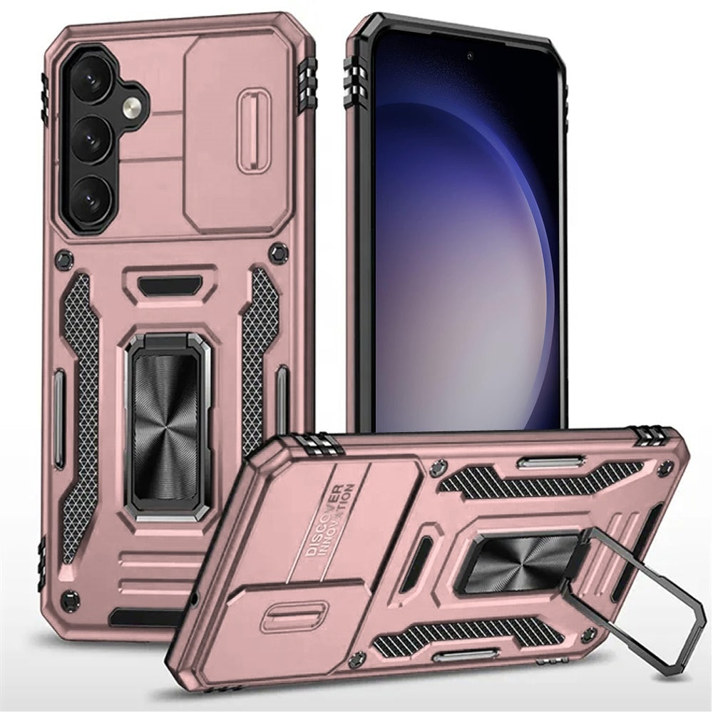 For Samsung Galaxy S24 FE /Fan Edition Hybrid Case with Rotation Ring Stand Shockproof & Camera Window PC & TPU Armor Dropproof Case Cover Rose Gold