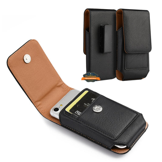 For Apple iPhone 16 Pro (6.3") Universal Vertical Leather Case Holster with Card Slot, Rotation Belt Clip & Magnetic Closure Carrying Phone Pouch [Black]