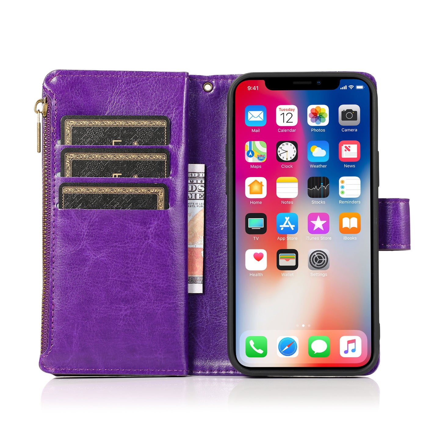 For Apple iPhone 16 (6.1") Leather Zipper Wallet Case 9 Credit Card Slots Cash Money Pocket Clutch Pouch Stand & Strap Case Cover Purple