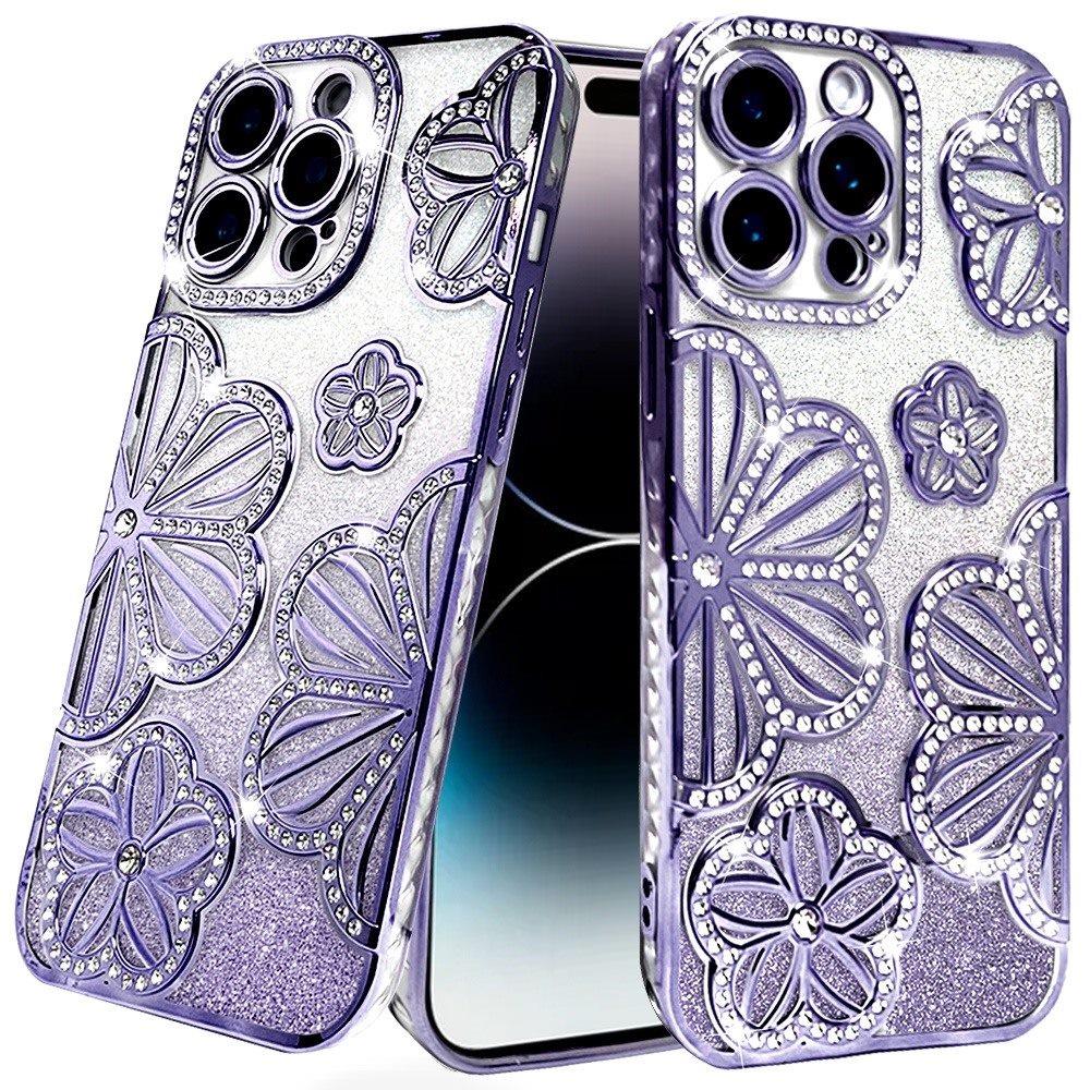 For Apple iPhone 11 Pro Max Luxury Floral Design Sparkle Glitter Diamond Crystal Rhinestone Shimmer Bling Plating Thick TPU Hard PC Case Cover