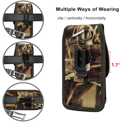 For Apple iPhone 16 Pro Max (6.9") Vertical Camouflage Nylon Canvas Holster Universal Cell Phone Pouch Velcro Closure with Credit Card Slot & Belt Clip Loop Carabiner [Hunting Camo]