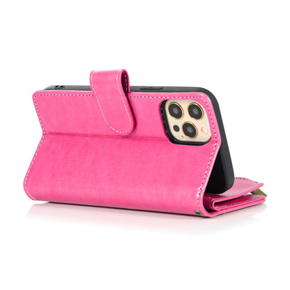 For Apple iPhone 16 (6.1") Leather Zipper Wallet Case 9 Credit Card Slots Cash Money Pocket Clutch Pouch Stand & Strap Case Cover Hot Pink