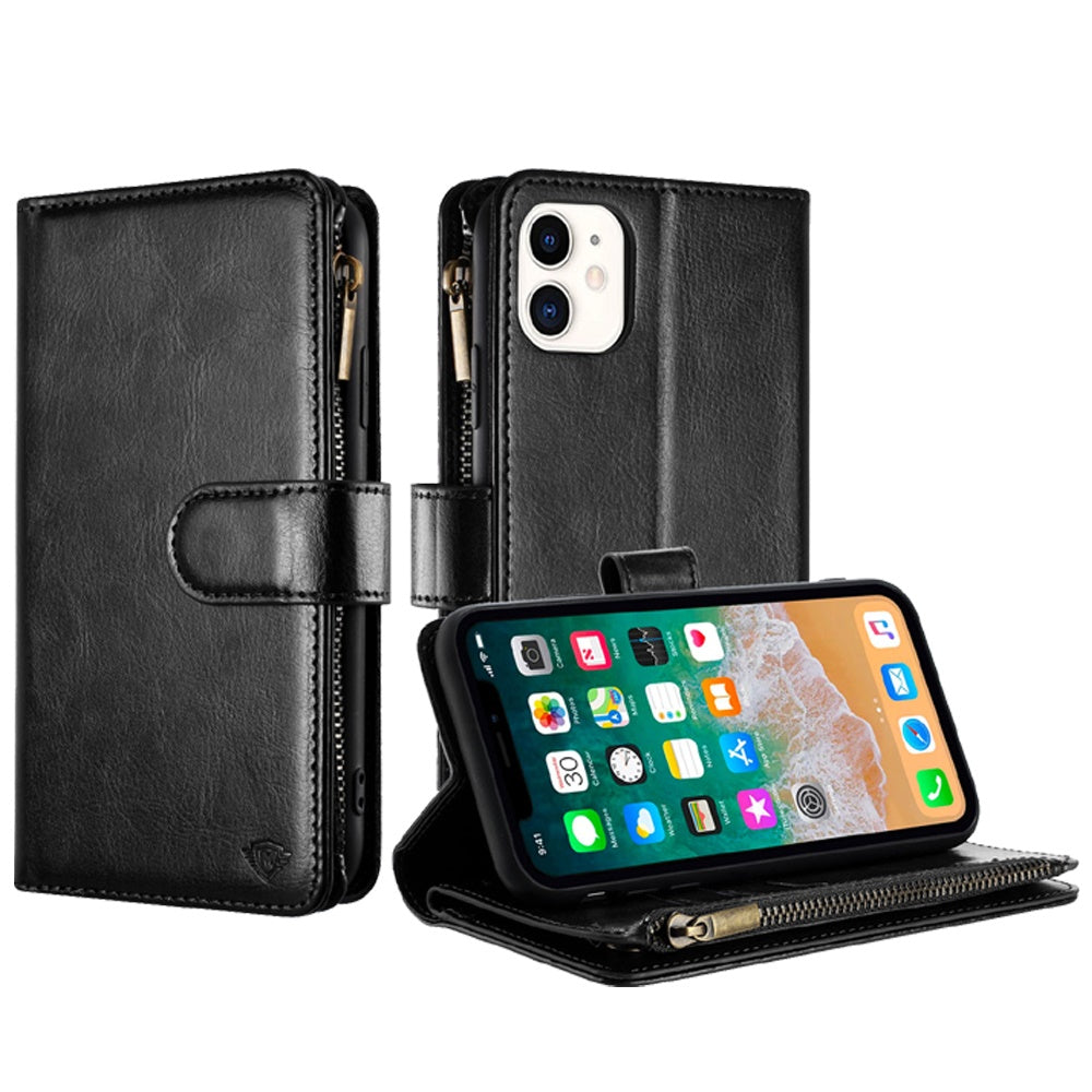 For Apple iPhone 16 (6.1") Premium Leather Zipper Wallet with Credit Card Slots Money Pocket Luxury Clutch Pouch Stand & Strap Case Cover Black