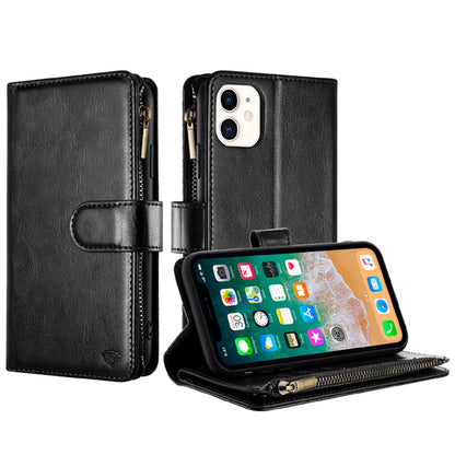 For Apple iPhone 16 (6.1") Premium Leather Zipper Wallet with Credit Card Slots Money Pocket Luxury Clutch Pouch Stand & Strap Case Cover Black