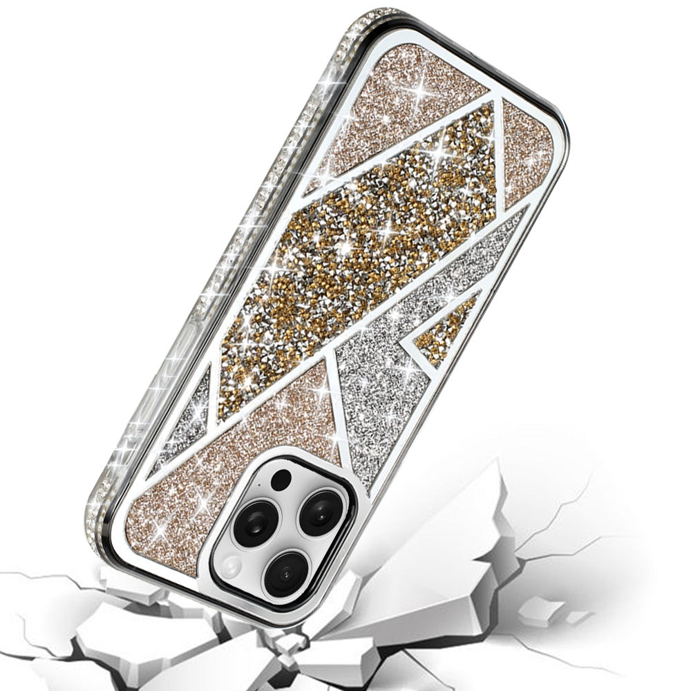 For Apple iPhone 16 Pro Max (6.9") Cute Fancy Glitter Bling Diamond Rhinestone Sparkly Bumper Fashion Shiny Hybrid Rugged TPU Case Cover Gold