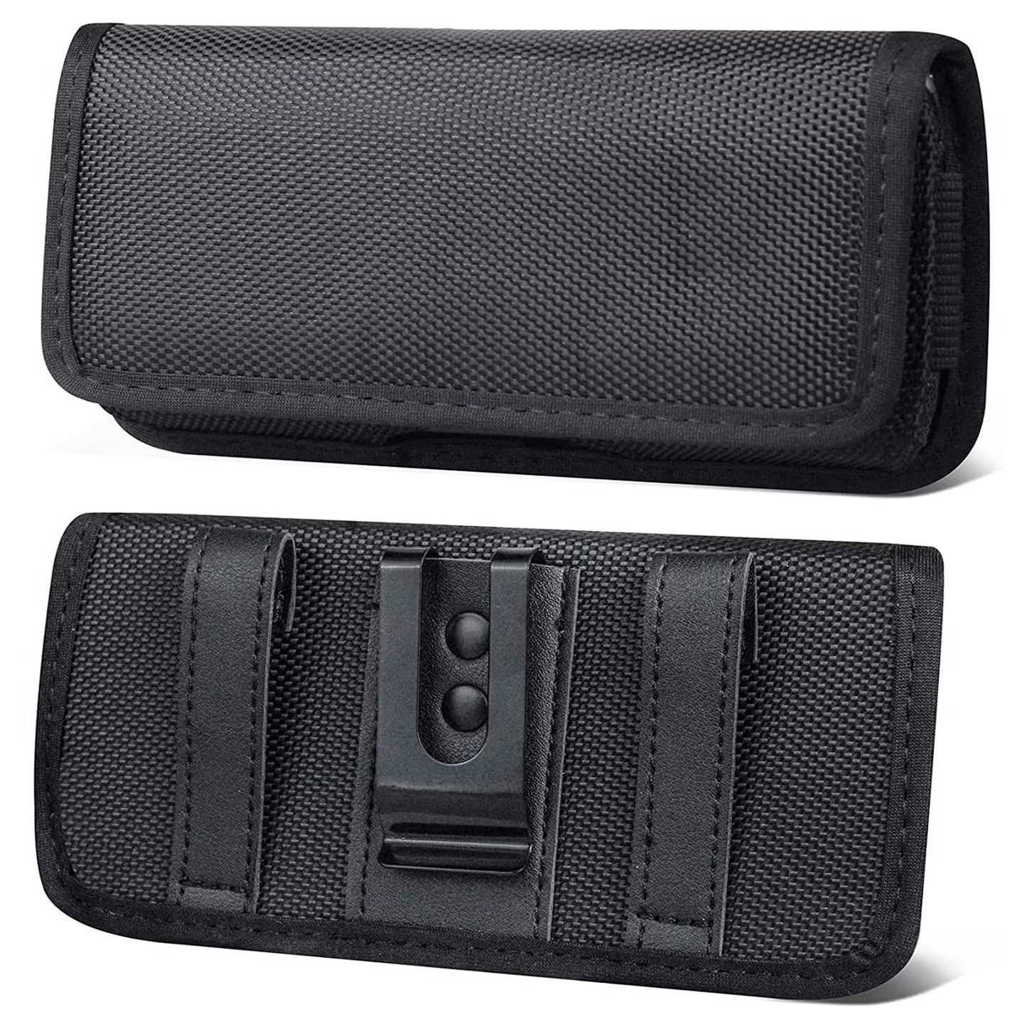 For Apple iPhone 16 Plus (6.7") Nylon Canvas Fabric Waist Belt Holster Horizontal Pouch Holds XL Phone Works with Thick Cases Universal Cover [Black]