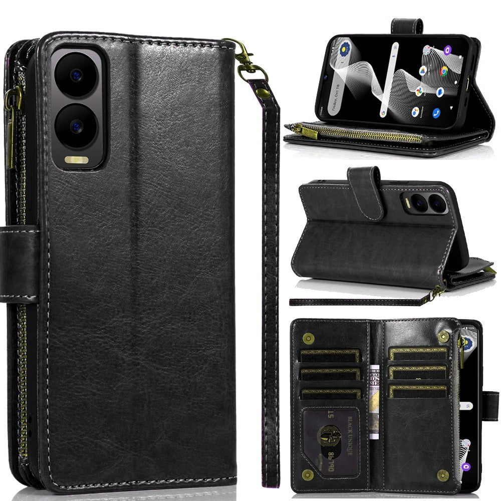 For Cricket Debut S3 Leather Zipper Wallet Case 9 Credit Card Slots Cash Money Pocket Clutch Pouch Stand & Strap Case Cover Black