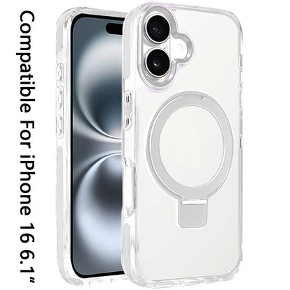 For Apple iPhone 16 (6.1") Hybrid Transparent Circle Back Ring Kickstand [Compatible with MagSafe] Shockproof Color Frame Bumper Case Cover