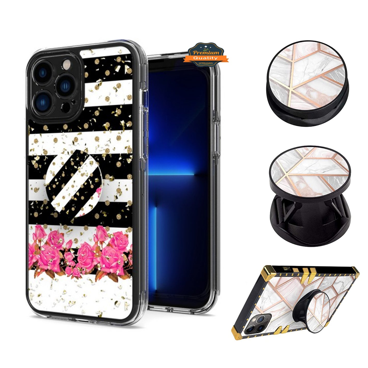 For Apple iPhone 15 Pro Max (6.7") Elegant Pattern Design Bling Glitter Hybrid Ring Stand Pop Up Finger Holder Kickstand  Phone Case Cover