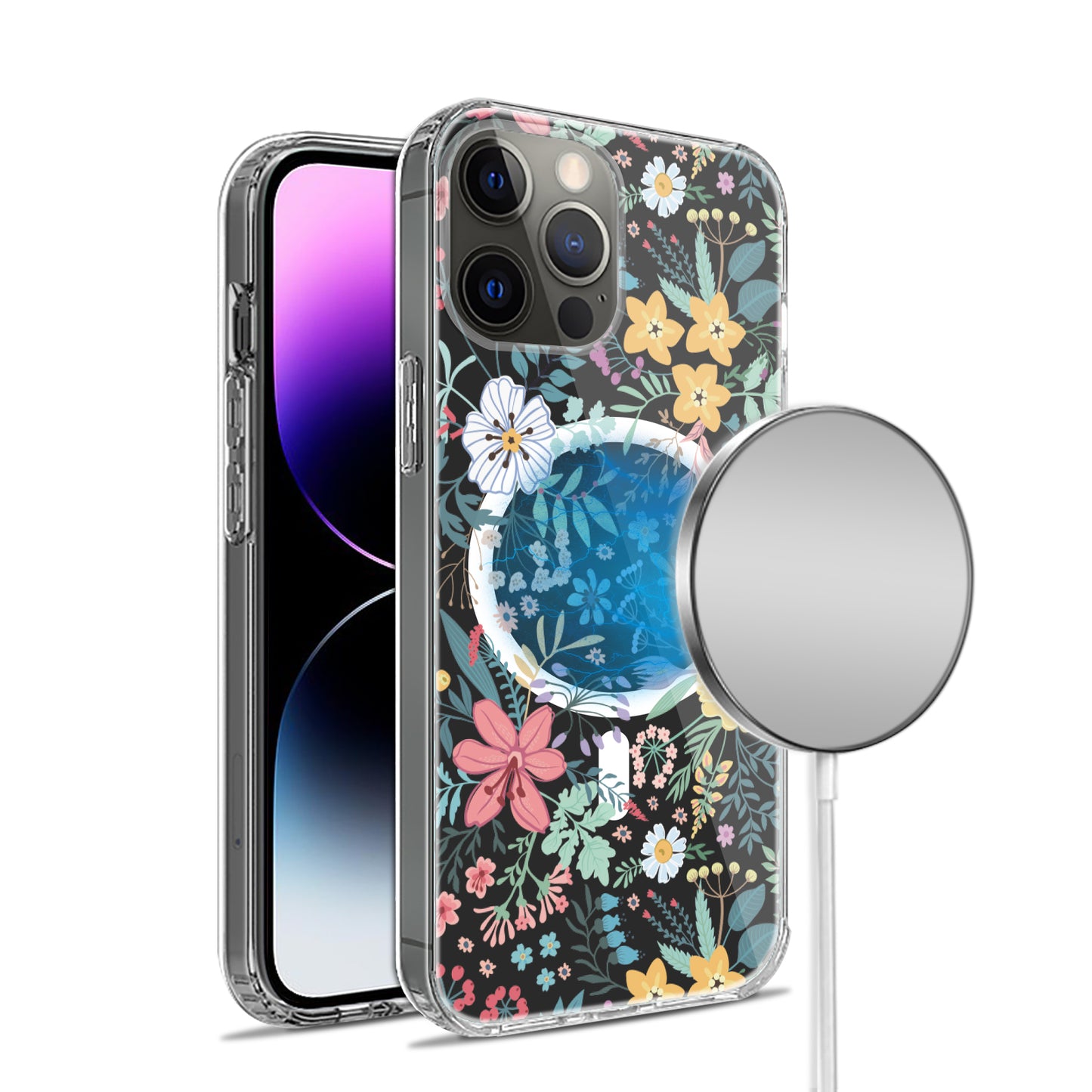 For Apple iPhone 16 Pro Max (6.9") Hybrid Flower Design Stylish Fashion Thick Hard MagSafe Compatible Shockproof Case Cover