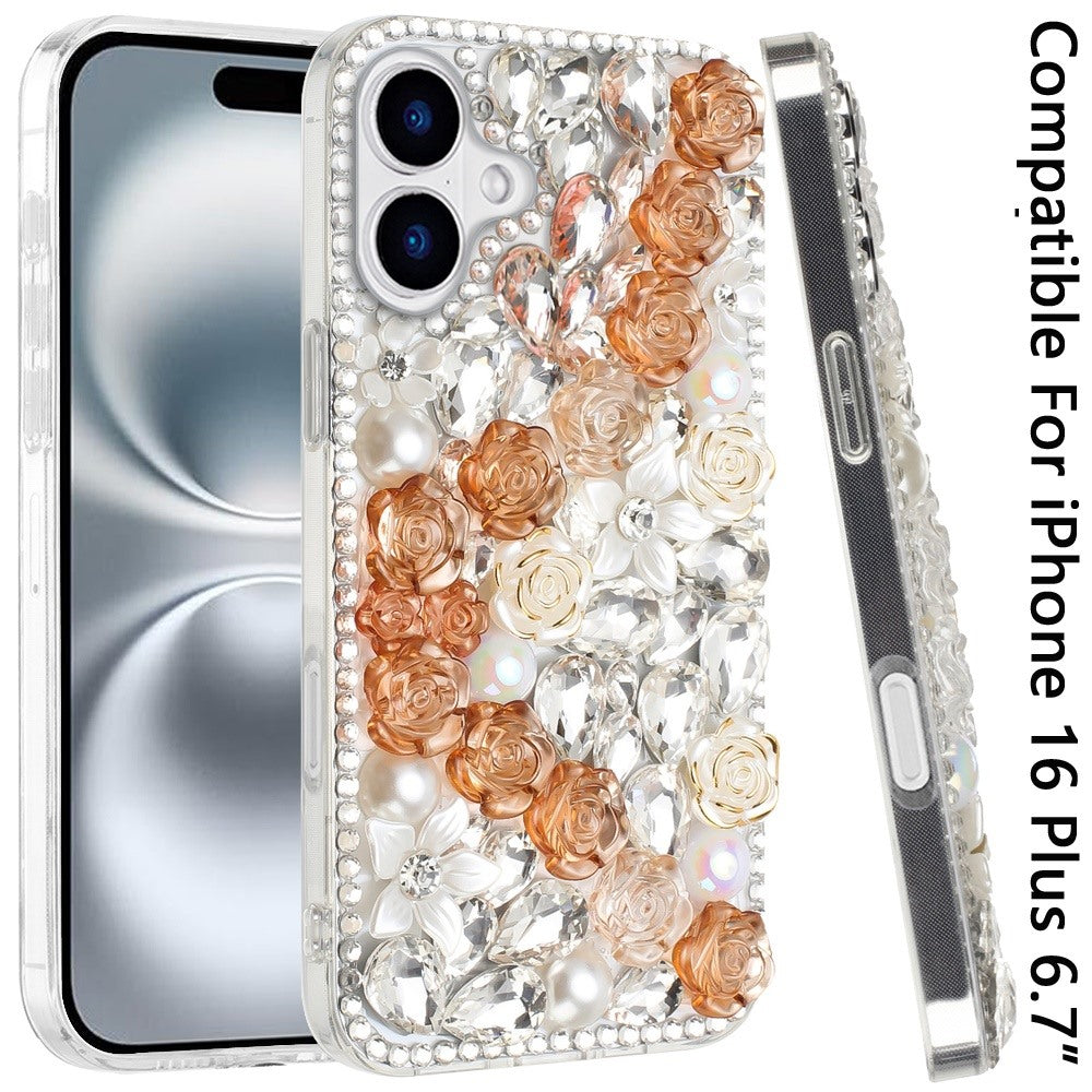 For Apple iPhone 16 Plus (6.7") Fashion Rose Flower Floral Bling Crystal 3D Full Diamonds Pearl Sparkle Rhinestone Glitter Hybrid Case Cover