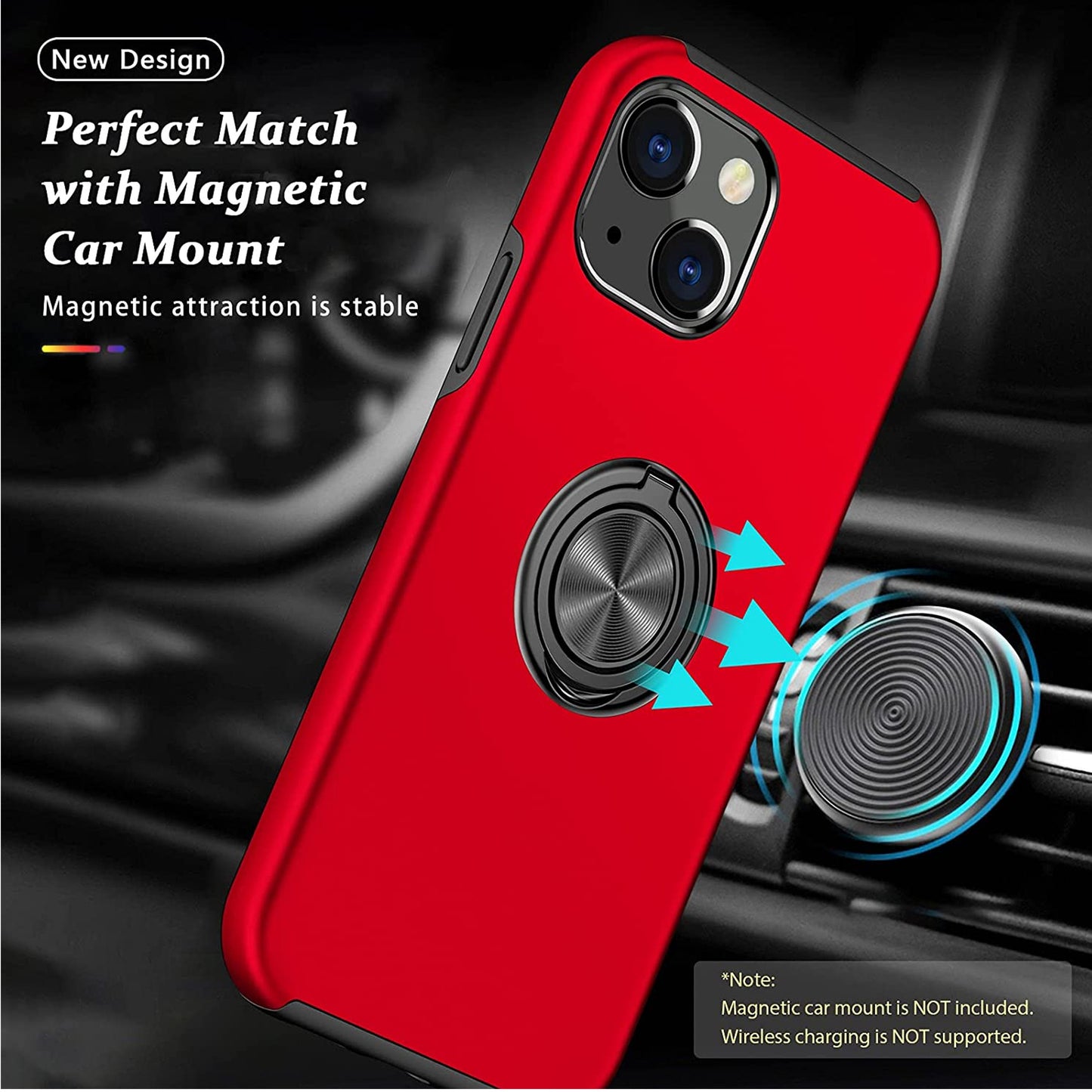 For Apple iPhone 15 Pro Max (6.7") Hybrid Military Grade with Flat Metal Ring Stand 360° Rotation Kickstand Hard Slim  Phone Case Cover